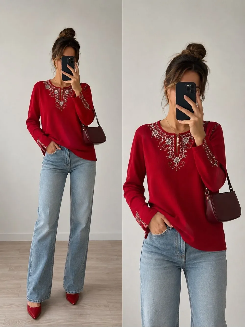 Quacker Factory Womens Pullover Sweater Size M Beaded V Neck Red Long Sleeve